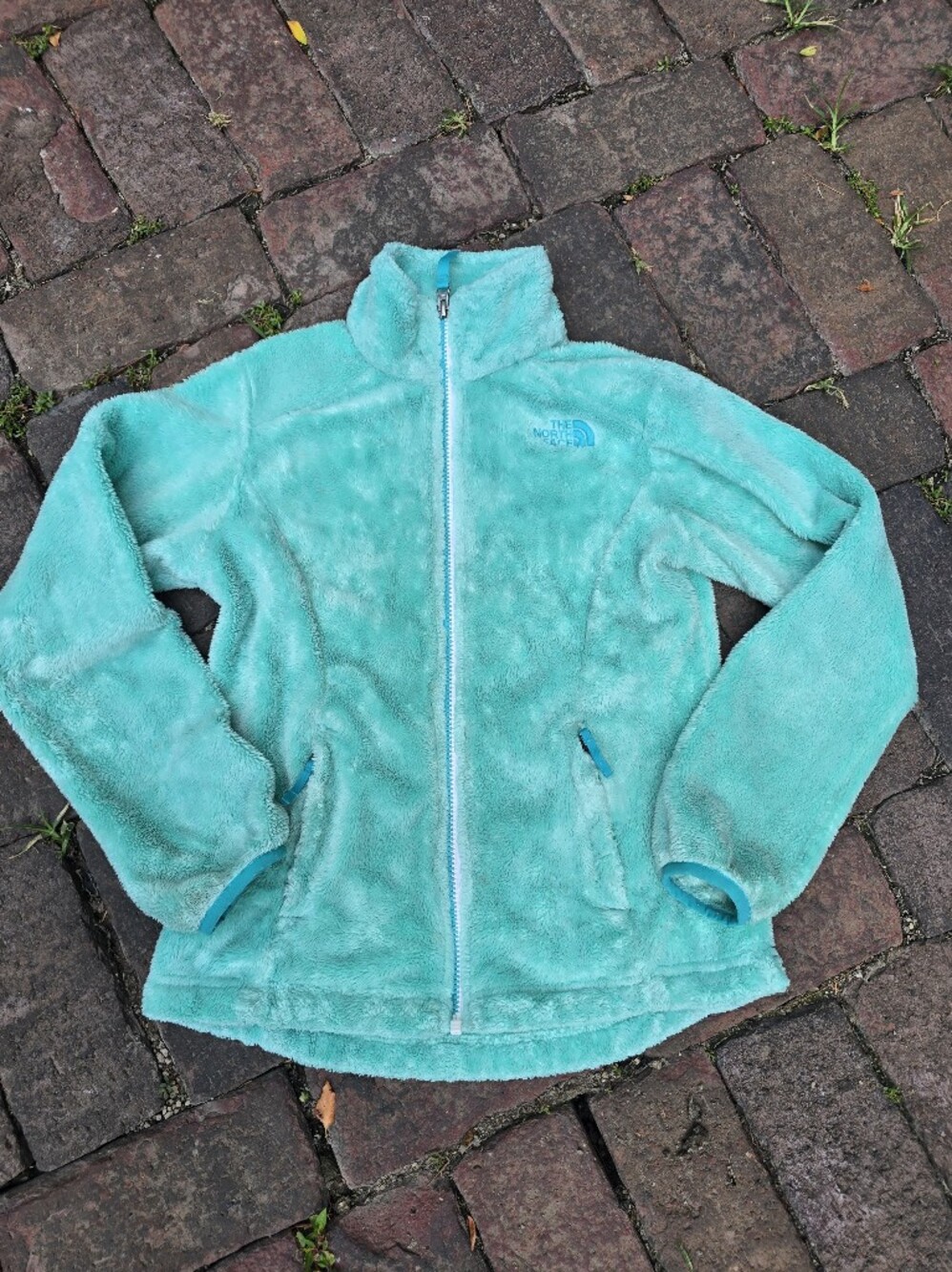 The North Face Turquoise Fuzzy Zip-Up Jacket Fall BTC BTS Soft Coat Girls